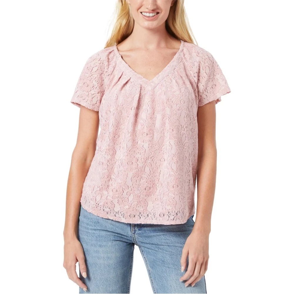 Cupio Pink Floral Lace V-Neck Short Sleeve Blouse